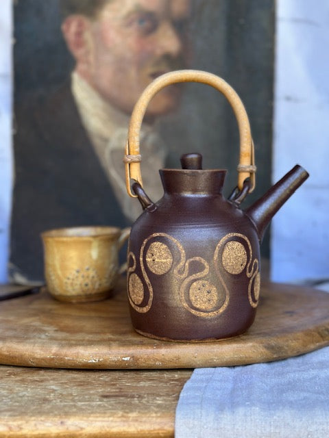 Vintage Rustic Stoneware Pottery Tea Pot / Coffee Pot, Japanese Teapot, IOW Bembridge, Designed By Martyn Gilchrist  Bamboo Handle, Cottagecore, Rustic Natural Decor ,