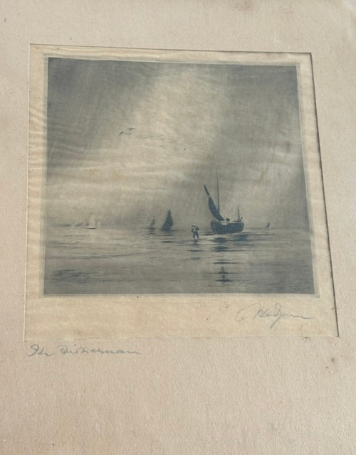 Antique Maritime Etching “The Fisherman”, Framed Nautical Wall Art