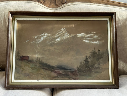 Vintage Framed Watercolour Mountain Landscape, Signed Original Artwork, Alpine Scene, Early 20th Century