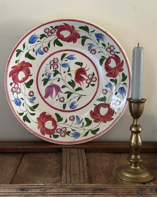 Vintage Large Floral Hand Painted Shallow Bowl, Folk Art, Hungarian Style Pottery, Rustic Ceramic Tableware,  Hanging Wall Art, Wall Plate Art, Gallery Wal Decor