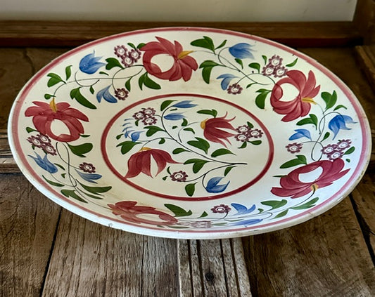Vintage Large Floral Hand Painted Shallow Bowl, Folk Art, Hungarian Style Pottery, Rustic Ceramic Tableware,  Hanging Wall Art, Wall Plate Art, Gallery Wal Decor