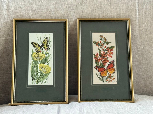 Pair Of Vintage Butterfly Embroideries, Cottagecore Botanical Textile Wall Art
