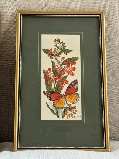 Pair Of Vintage Butterfly Embroideries, Cottagecore Botanical Textile Wall Art