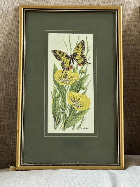Pair Of Vintage Butterfly Embroideries, Cottagecore Botanical Textile Wall Art