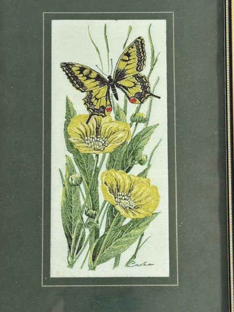 Pair Of Vintage Butterfly Embroideries, Cottagecore Botanical Textile Wall Art