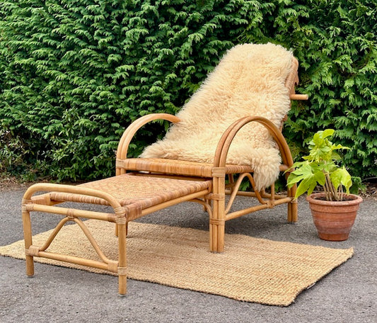 Vintage Bamboo Rattan Reclining Lounger, Mid Century Wicker Chair With Foot Stool, Reading Nook, Day Bed, 1960s, 1970s Boho Decor, Sustainable Living, Mid Century Modern Decor