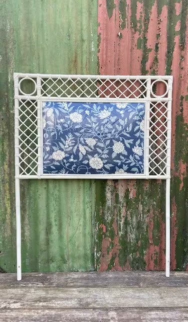 Vintage Bamboo Single Head Board, Blue & White Wicker Cane Bedhead, Floral Fabric Lined, Bedroom Furniture, Nautical, Boho, Maximalist Decor