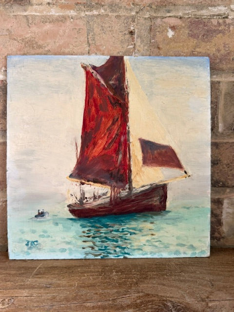 Vintage Naive Sailing Boat Oil Painting