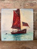 Vintage Naive Sailing Boat Oil Painting