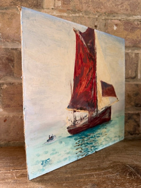 Vintage Naive Sailing Boat Oil Painting