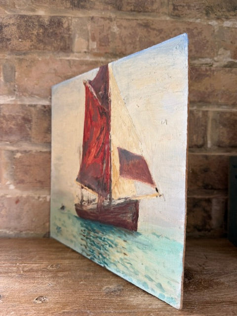 Vintage Naive Sailing Boat Oil Painting
