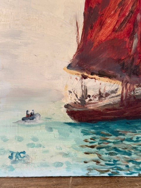 Vintage Naive Sailing Boat Oil Painting