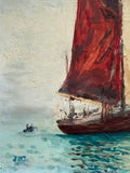 Vintage Naive Sailing Boat Oil Painting