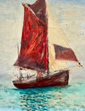Vintage Naive Sailing Boat Oil Painting