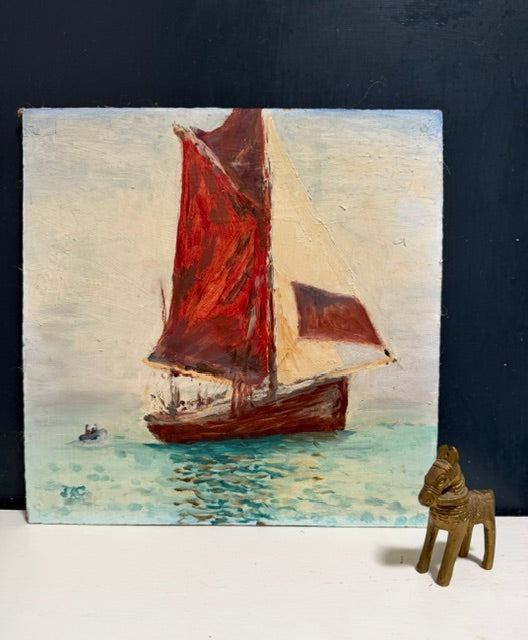 Vintage Naive Sailing Boat Oil Painting