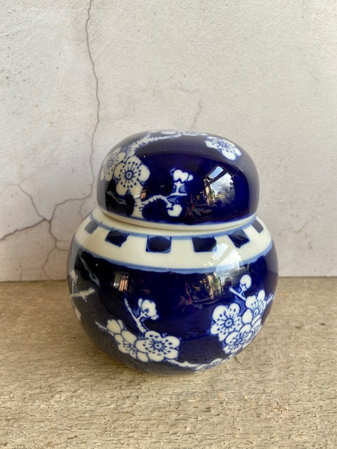 Vintage Blue & White Ginger Jar, Ceramic Lidded Vase, Chinoiserie Decor, Cherry Blossom Pottery, Japanese Style Home Decor