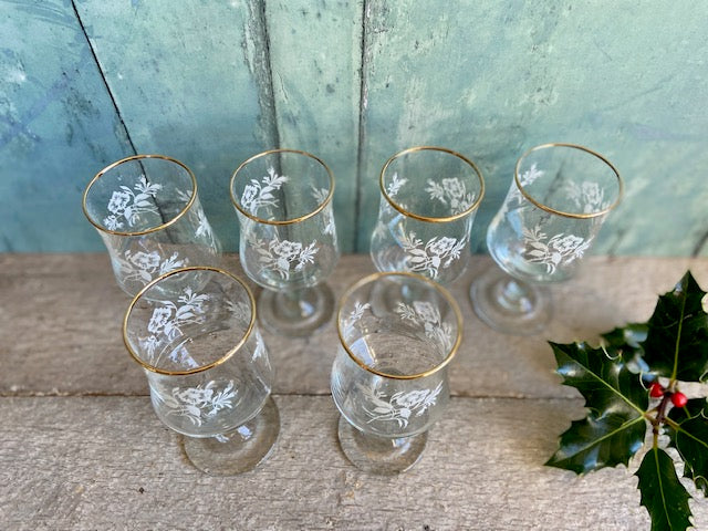Vintage Set Of 6, Large Etched Glass, Gold Rim, Liquor, Sherry, Pretty, Barware, Christmas, Drinks Tray, Glassware, Gift, Decorative, Decor