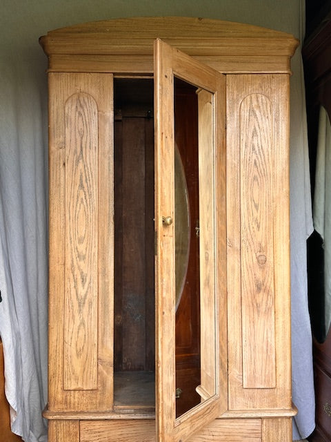 Antique Pine Single Wardrobe, With Drawer, Mirror, Bedroom Furniture,Rustic Vintage Hall Coat Cupboard, Hall Storage, English Country Home Decor