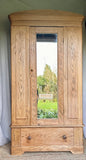 Antique Pine Single Wardrobe, With Drawer, Mirror, Bedroom Furniture,Rustic Vintage Hall Coat Cupboard, Hall Storage, English Country Home Decor