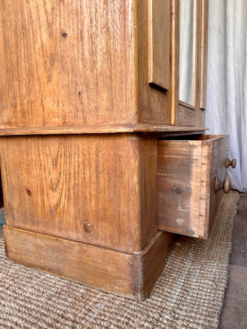 Antique Pine Single Wardrobe, With Drawer, Mirror, Bedroom Furniture,Rustic Vintage Hall Coat Cupboard, Hall Storage, English Country Home Decor