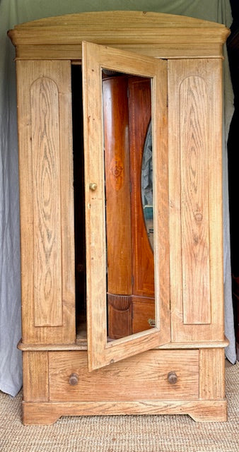 Antique Pine Single Wardrobe, With Drawer, Mirror, Bedroom Furniture,Rustic Vintage Hall Coat Cupboard, Hall Storage, English Country Home Decor