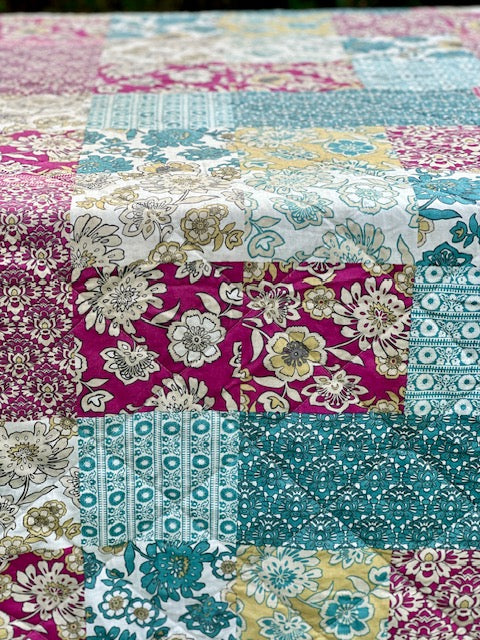 Vintage Large Patchwork Style Quilt, Reversible Bedding, Blanket, Double Bedspread, Throw, Bright Floral, Applique Style, Cottagecore, Maximalist Decor