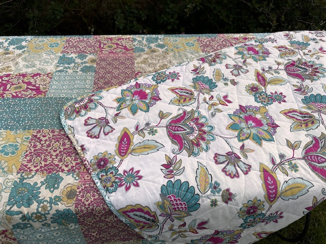 Vintage Large Patchwork Style Quilt, Reversible Bedding, Blanket, Double Bedspread, Throw, Bright Floral, Applique Style, Cottagecore, Maximalist Decor