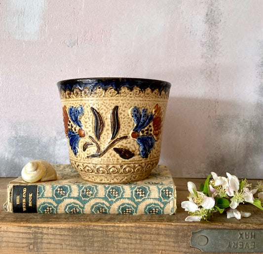 Vintage West German Pottery Planter, Mid Century Ceramic Plant Pot, Relief Floral Cachepot, 1970s Pottery