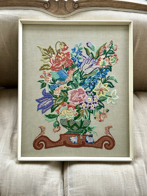 Vintage Floral Embroidery With Bird, Mid Century Textile Wall Art | Framed Needlework