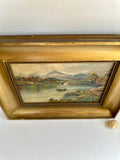 Small Antique Naive, Framed Oil Painting On Canvas, Mountain & Lakeside Scene, 19th Century, Gilt Gold Frame, Country Style Gallery Wall Art,