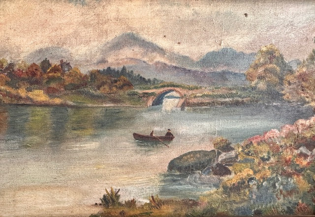 Small Antique Naive, Framed Oil Painting On Canvas, Mountain & Lakeside Scene, 19th Century, Gilt Gold Frame, Country Style Gallery Wall Art,