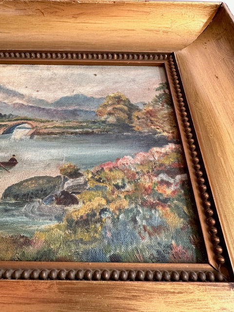 Small Antique Naive, Framed Oil Painting On Canvas, Mountain & Lakeside Scene, 19th Century, Gilt Gold Frame, Country Style Gallery Wall Art,
