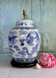 Vintage Extra Large Oriental Ginger Jar Lamp Base, Chinoiserie Blue & White Ceramic, Chinese Hand Painted, Japandi Home Decor, English Country Style Decor