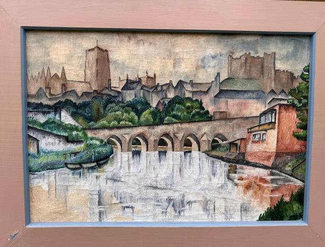 Vintage Large Original Framed Landscape Oil Painting, By Peter Tovey, A View Of The Wear, Durham City, Durham Cathedral, C1965, Original Contemporary Art, Mid Century Painting, Impressionist, Cubist Style, Gallery Wall Art, Vintage Home Decor