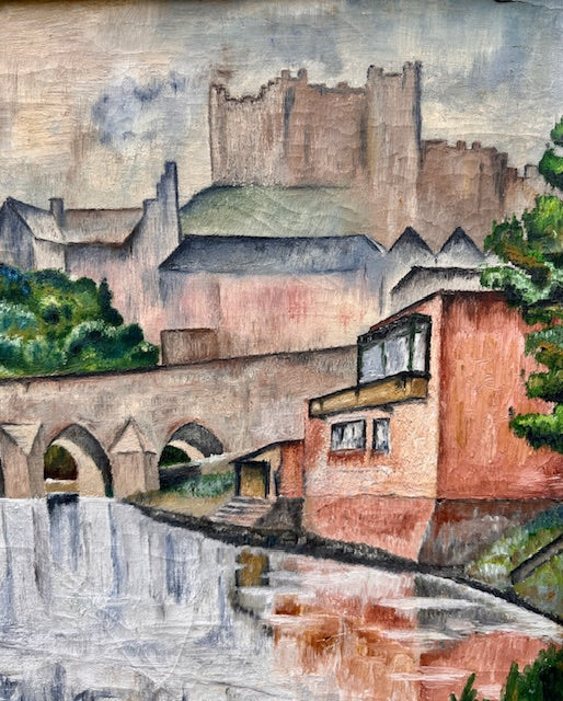 Vintage Large Original Framed Landscape Oil Painting, By Peter Tovey, A View Of The Wear, Durham City, Durham Cathedral, C1965, Original Contemporary Art, Mid Century Painting, Impressionist, Cubist Style, Gallery Wall Art, Vintage Home Decor