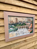 Vintage Large Original Framed Landscape Oil Painting, By Peter Tovey, A View Of The Wear, Durham City, Durham Cathedral, C1965, Original Contemporary Art, Mid Century Painting, Impressionist, Cubist Style, Gallery Wall Art, Vintage Home Decor
