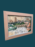 Vintage Large Original Framed Landscape Oil Painting, By Peter Tovey, A View Of The Wear, Durham City, Durham Cathedral, C1965, Original Contemporary Art, Mid Century Painting, Impressionist, Cubist Style, Gallery Wall Art, Vintage Home Decor