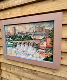 Vintage Large Original Framed Landscape Oil Painting, By Peter Tovey, A View Of The Wear, Durham City, Durham Cathedral, C1965, Original Contemporary Art, Mid Century Painting, Impressionist, Cubist Style, Gallery Wall Art, Vintage Home Decor