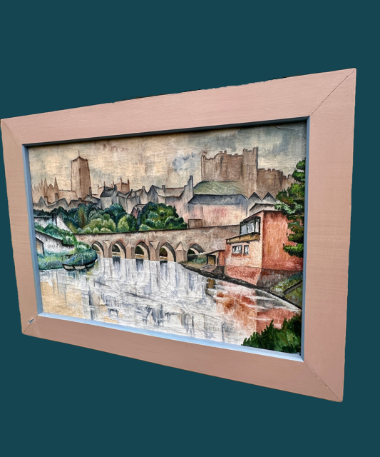 Vintage Large Original Framed Landscape Oil Painting, By Peter Tovey, A View Of The Wear, Durham City, Durham Cathedral, C1965, Original Contemporary Art, Mid Century Painting, Impressionist, Cubist Style, Gallery Wall Art, Vintage Home Decor