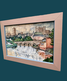 Vintage Large Original Framed Landscape Oil Painting, By Peter Tovey, A View Of The Wear, Durham City, Durham Cathedral, C1965, Original Contemporary Art, Mid Century Painting, Impressionist, Cubist Style, Gallery Wall Art, Vintage Home Decor