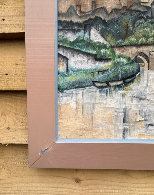 Vintage Large Original Framed Landscape Oil Painting, By Peter Tovey, A View Of The Wear, Durham City, Durham Cathedral, C1965, Original Contemporary Art, Mid Century Painting, Impressionist, Cubist Style, Gallery Wall Art, Vintage Home Decor