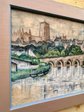 Vintage Large Original Framed Landscape Oil Painting, By Peter Tovey, A View Of The Wear, Durham City, Durham Cathedral, C1965, Original Contemporary Art, Mid Century Painting, Impressionist, Cubist Style, Gallery Wall Art, Vintage Home Decor