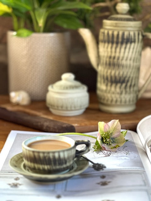 Vintage Studio Pottery Coffee Set | Green Stoneware Tea Pot, Milk Jug, Sugar Bowl, 6 Cups & Saucers