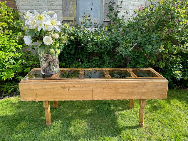 Antique Pine Long Console Table With Glass Top, Vintage Bespoke Narrow Sofa Console, Rustic Living Room Furniture, Rustic Decor, Farmhouse, Country Style Decor