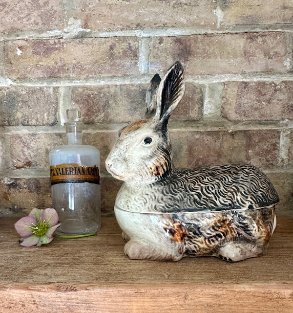 Vintage Michel Caugant Rabbit Terrine, French Ceramic Hare Tureen, Ears Up, Covered Pate Dish, Collectible Country Kitchen Decor