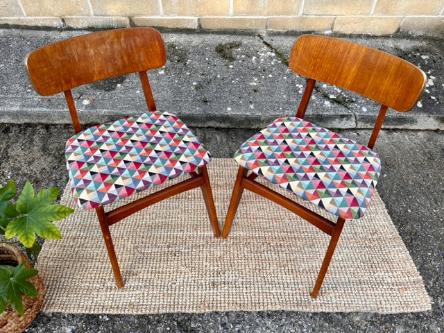 Pair Of Vintage Danish, Scandinavian Style Dining Chairs, Mid Century, Re Upholstered, Wooden Occasional  Chairs