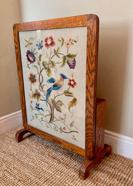 Antique Fireguard, Floral Embroidered Fire Screen, Glass Tilt Coffee Table, Country Cottage Decor