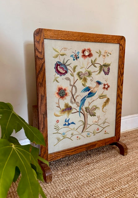 Antique Fireguard, Floral Embroidered Fire Screen, Glass Tilt Coffee Table, Country Cottage Decor