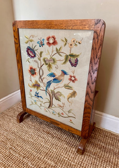 Antique Fireguard, Floral Embroidered Fire Screen, Glass Tilt Coffee Table, Country Cottage Decor