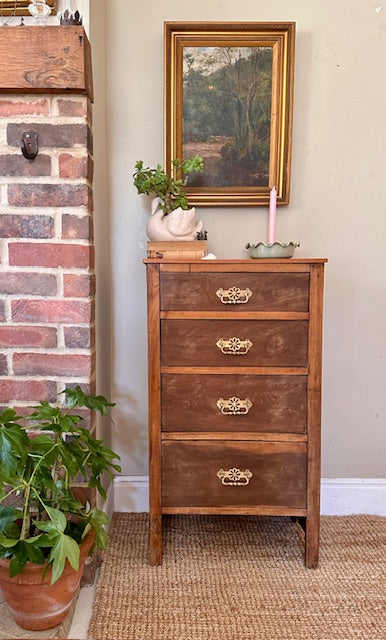 Vintage Tall Wooden Chest Of Drawers, Slim Tall Boy, Space Saving, Bedroom Furniture, Hall, Office Storage, English Country, Cottagecore, Rustic Home Decor